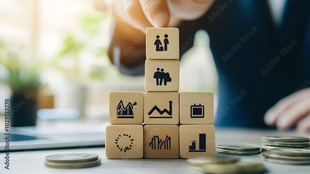 Poster hand stack woods block step on table with icon business strategy and action plan. business investmen