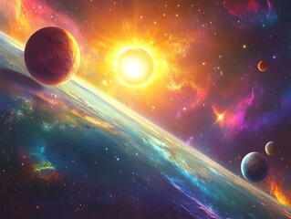 4k cosmic scene with planets orbiting a distant sun in a colorful galaxy
