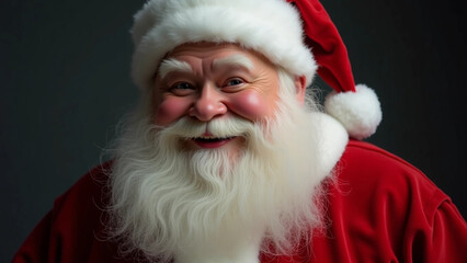 Fototapeta premium Add a chubby, jolly Santa with a detailed velvet red suit, a long, bushy white beard, and bushy white eyebrows arched in a kind gaze.