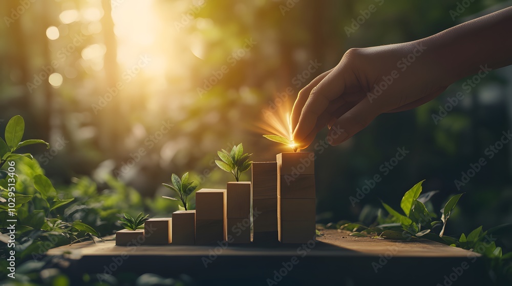 Poster hand stack woods block step on table with icon business strategy and action plan. business investmen