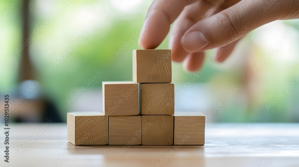 Poster hand stack woods block step on table with icon business strategy and action plan. business investmen