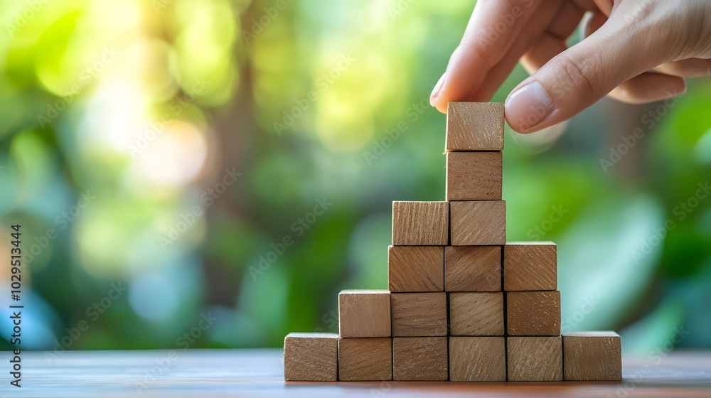 Poster hand stack woods block step on table with icon business strategy and action plan. business investmen