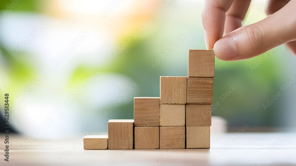 Poster hand stack woods block step on table with icon business strategy and action plan. business investmen