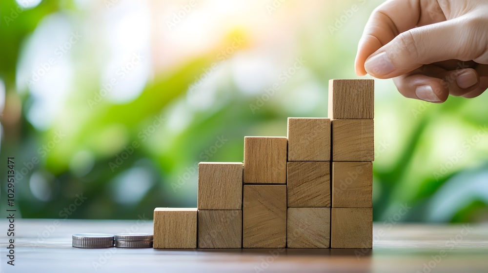 Poster hand stack woods block step on table with icon business strategy and action plan. business investmen