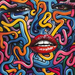 Obraz premium Colorful abstract portrait featuring vibrant patterns and striking facial features