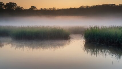 Fototapeta premium Golden sunlight breaks through the fog over a peaceful lake, reflecting the surrounding vegetation. The misty water and gentle light combine to create a serene and harmonious natural scene