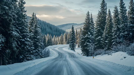 A snow-covered mountain road winding through tall pine trees leading up to a secluded winter retreat.