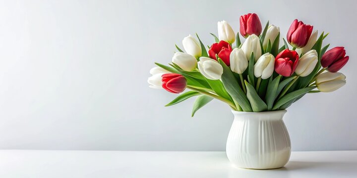 white vase with white and red tulips on white background