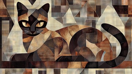   A painting of a cat perched atop a wooden block, featuring a striking brown and black feline