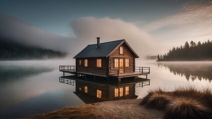 Fototapeta premium A wooden cabin with glowing windows sits by a foggy lake, surrounded by still water and dense mist. The combination of warm interior light and the cool, misty landscape creates a serene and cozy atmos