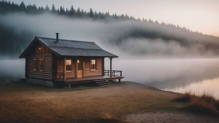 A wooden cabin with glowing windows sits by a foggy lake, surrounded by still water and dense mist. The combination of warm interior light and the cool, misty landscape creates a serene and cozy atmos