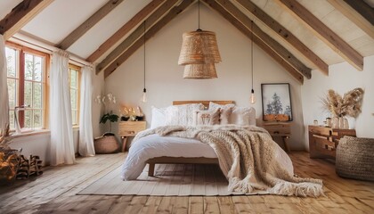 A warm and inviting farmhouse bedroom with a high, sloped ceiling, rustic chandelier, and wi
