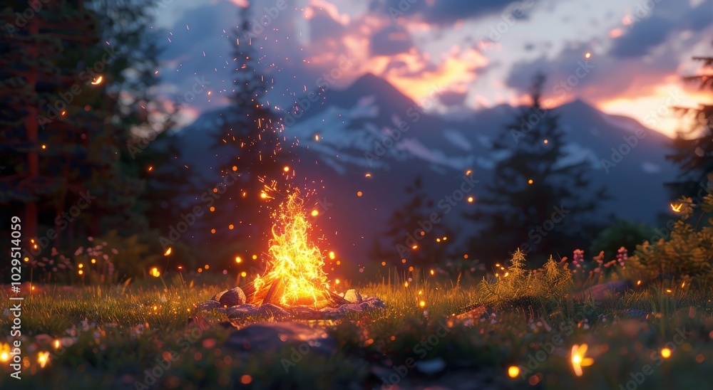 Wall mural a cozy campfire burns brightly in the wilderness at sunset with mountains in the background