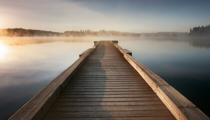 Fototapeta premium A weathered wooden pier extending into a calm misty lake, with soft light reflecting off the 