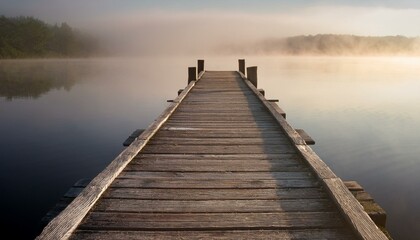 Fototapeta premium A weathered wooden pier extending into a calm misty lake, with soft light reflecting off the