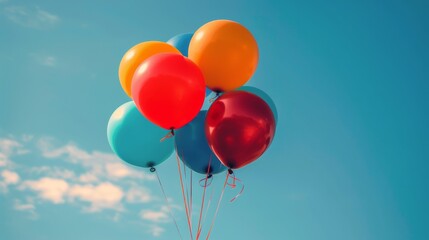 Colorful balloons floating in a clear blue sky during a sunny afternoon celebration