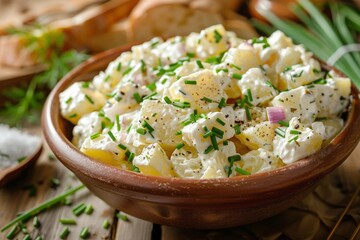 Creamy potato salad served in a rustic bowl with fresh herbs and spices on a wooden table