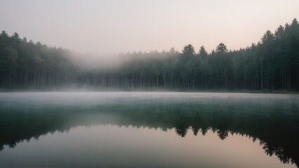 Fototapeta premium A thick layer of fog drifts over a calm lake, partially obscuring the reflection of tall pine trees along the shoreline. The peaceful and mysterious atmosphere of the mist-covered water creates a sere
