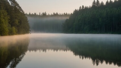 Fototapeta premium A thick layer of fog drifts over a calm lake, partially obscuring the reflection of tall pine trees along the shoreline. The peaceful and mysterious atmosphere of the mist-covered water creates a sere