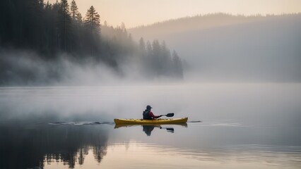 Fototapeta premium A kayaker paddles through calm, fog-covered waters, surrounded by misty hills. The serene atmosphere and stillness of the lake create a peaceful scene as the kayaker ventures into the fog