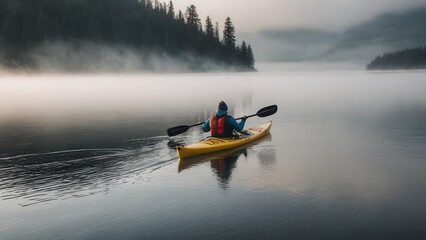 A kayaker paddles through calm, fog-covered waters, surrounded by misty hills. The serene atmosphere and stillness of the lake create a peaceful scene as the kayaker ventures into the fog