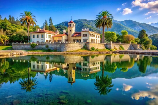 Reflecting Gagra Castle of Prince of Oldenburg in Abkhazia, beautiful architecture and landscape