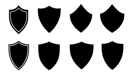 Set of 8 Blank Black Shield Icons  Protection  Security  Safety  Emblem