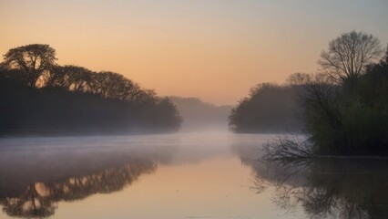 Obraz premium A peaceful river at dawn, shrouded in soft fog, with the silhouettes of bare trees reflecting on the calm water. The misty atmosphere and soft light create a serene and tranquil landscape