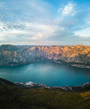 Bird's eye view of the Bay of Boko Kotor towards Orahovac. The large mountain range of Orjen is visible
