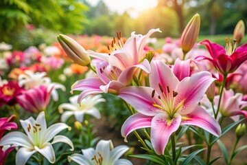 Fototapeta premium Wide-Angle Pink and white lilies in the garden Summer flowers