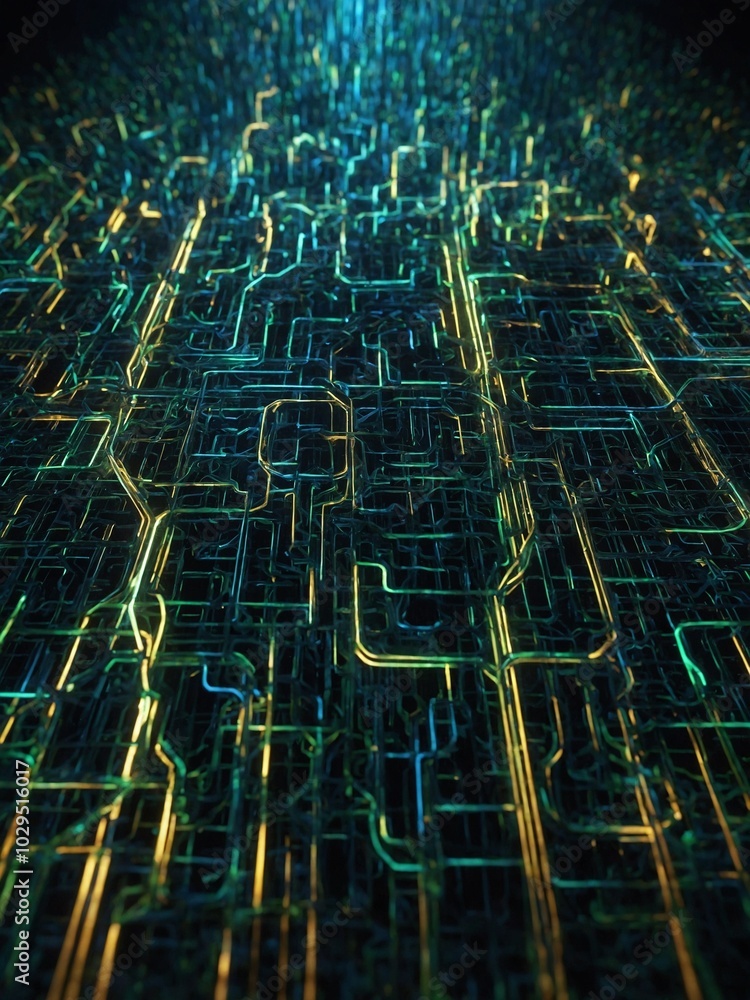 Aufkleber futuristic cityscape with complex network of glowing neon-like lines and shapes, creating cyberpunk 