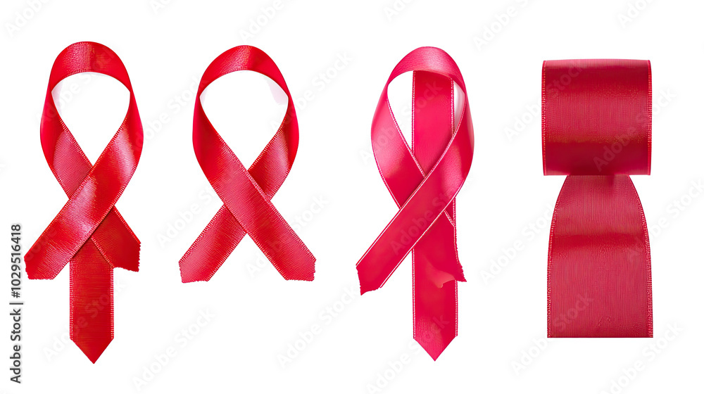 Poster collection of various red ribbons isolated on a white background generative ai