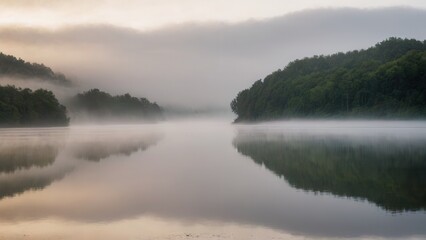 Obraz premium A tranquil lake at sunrise, shrouded in a soft layer of fog. The still water reflects the lush green forest along the shoreline, creating a peaceful and serene scene