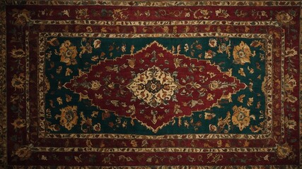 Traditional Persian rug with central floral medallion design surrounded by intricate patterns and borders in shades of red, green, and gold