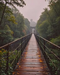 Fototapeta premium A Wooden Bridge In The Forest, Rainy Day.