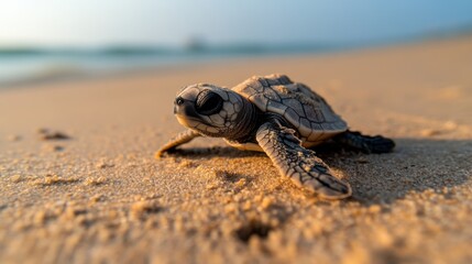 Adorable olive ridley sea turtle hatchling on sunny beach - conservation and wildlife awareness