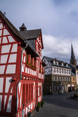 Old traditional half-timbered building in the small town of Rhens, Germany