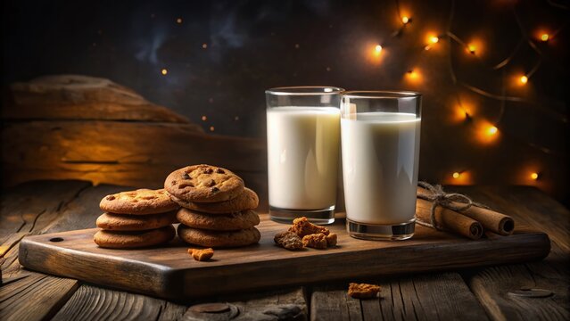 Night Photography of Milk and Cookies on a Cutting Board – Cozy Dessert Scene