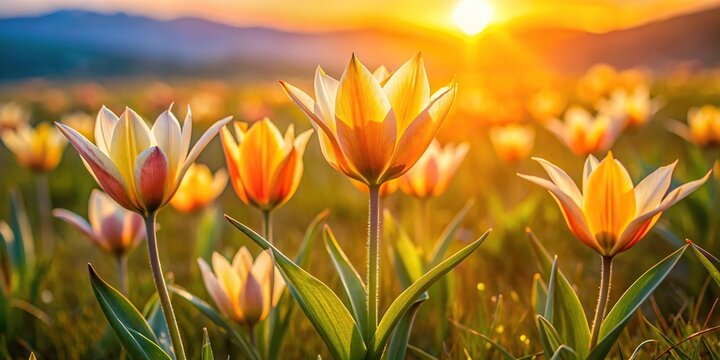 Wild steppe tulips Tulipa biflora blooming on a meadow during a sunny evening macro shot