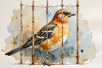 Bay breasted warbler standing behind rusted bars