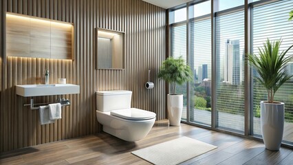 Modern luxury wall hung toilet bowl closed seat with dual flush reeded glass partition bidet tissue paper holder