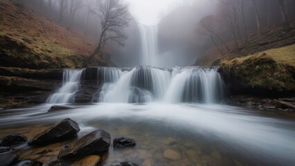 Obraz premium A serene waterfall flows over moss-covered rocks, surrounded by soft morning fog. The misty atmosphere and gentle flow of water create a peaceful and calming natural scene