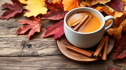 A cup hot cider with cinnamon sticks surrounded by fall leaves on a wooden table