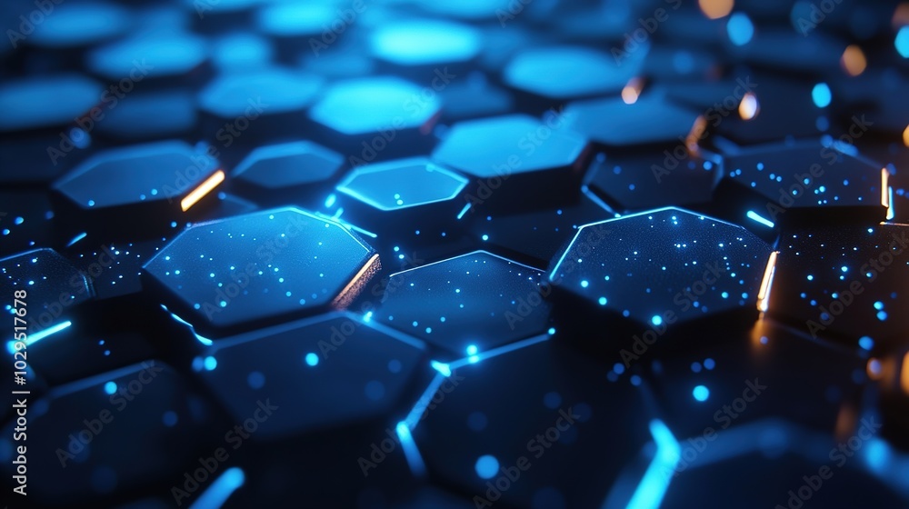 Poster abstract blue and orange hexagonal grid with glowing lines. .