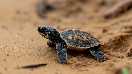 Obraz premium Cute olive ridley sea turtle hatchling crawling on sandy beach for nature conservation themes