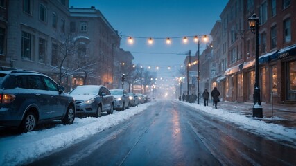 Obraz premium street in winter. it's snowing, street, blue background, bokeh