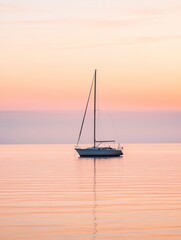 A sailboat floats peacefully on smooth waters as a pastel sunset paints the sky in soft hues