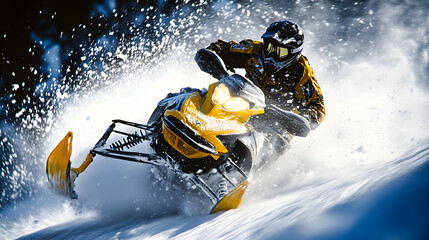 A snowmobile rider sliding sideways through a sharp turn with snow and ice flying up from the tires during a race.