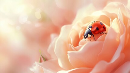   a ladybug perched on a vibrant pink blossom, set against a softly blurred backdrop of a pink rose