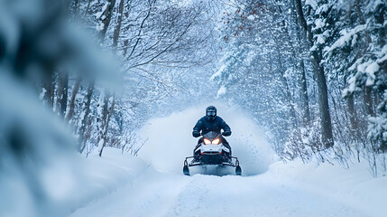 A snowmobile rider speeding through a snow-covered forest trail kicking up snow as they navigate the tight turns.